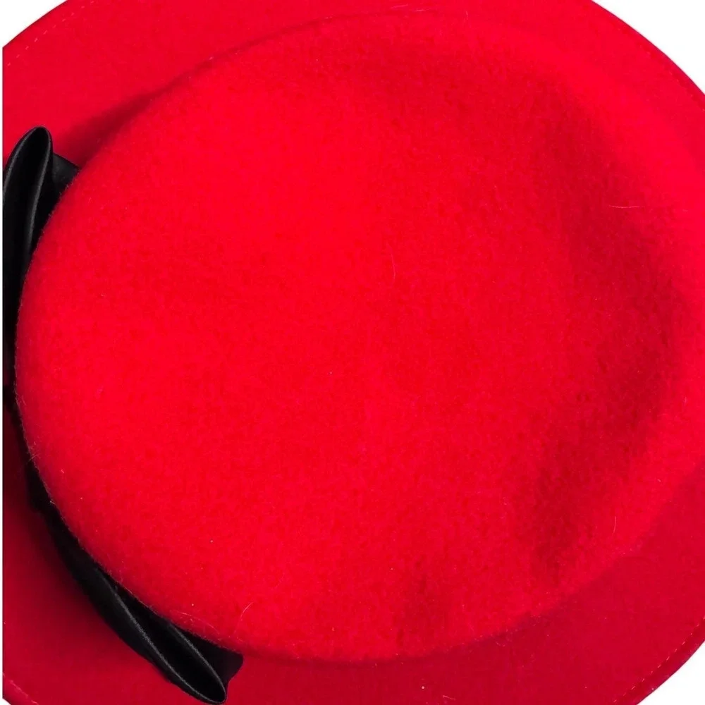 Michael Howard Red Wool Boater Hat Black Bow Made USA Statement Brunch‎ Chic